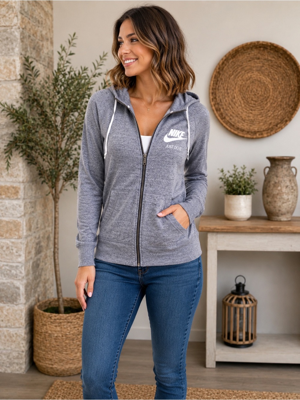 Nike Women's Heather Gray Full-Zip Hoodie with Hood
